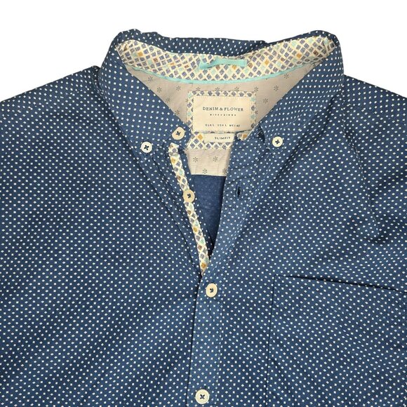 Blue polka dot Short Sleeve Button-Up Shirt Denim & Flower Slim Fit size large - Picture 3 of 4